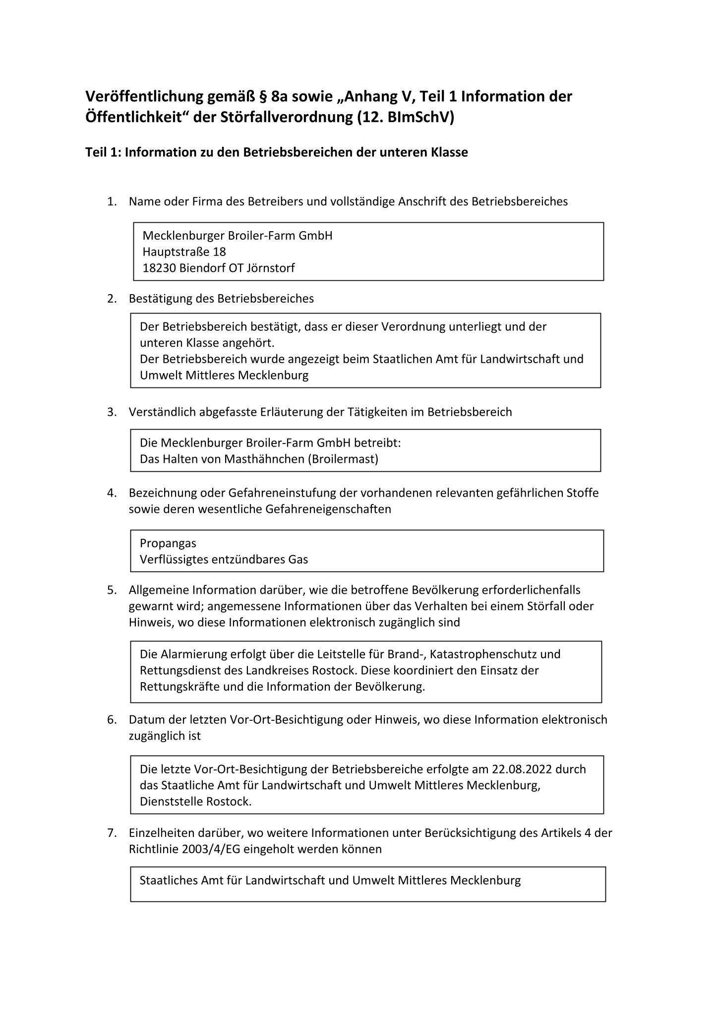 Veröffentlichung gemäß Störfallverordnung